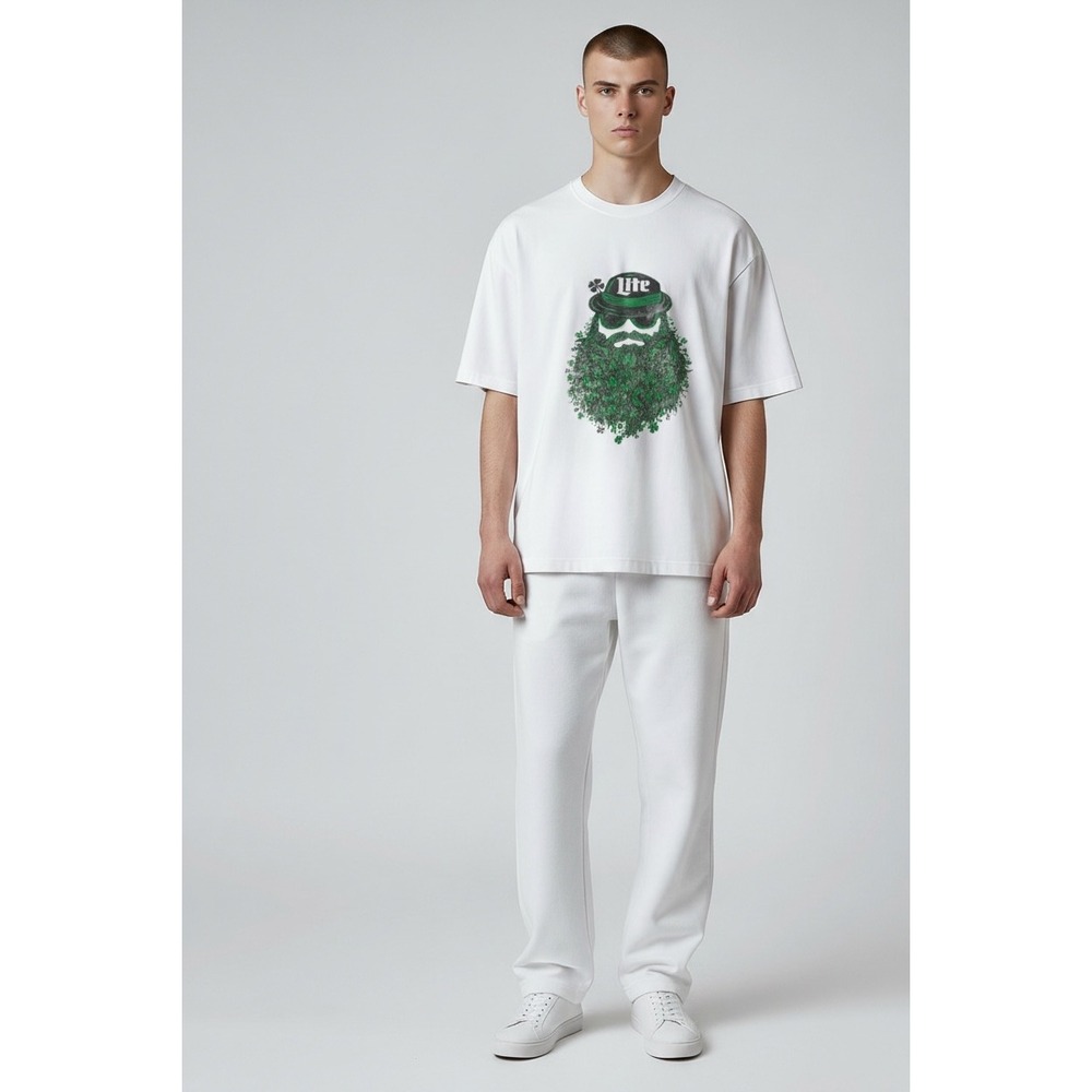 402 Lucky Brand Miller Lite St Patricks Day Shamrock Beard Graphic T-Shirt White